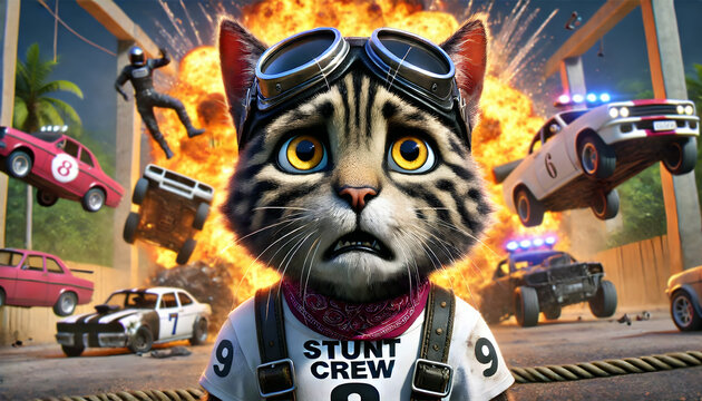 Worried stunt crew cat  with explosive stunts in arena. Nine lives concept
