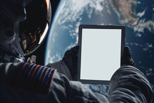 a man in a spacesuit holding a tablet computer