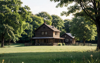 Obraz premium Simple houses made of wood are surrounded by trees and green rice fields.