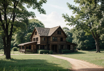 Obraz premium Simple houses made of wood are surrounded by trees and green rice fields.