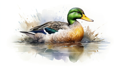 Obraz premium Watercolor illustration of a Mallard Duck looking for food in the swamp with natural background.