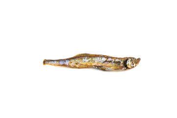 Seafood. Fried small sea fish, anchovies, capelin fish, isolated on white background