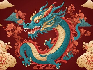 Dragon with red head and yellow tail on a cloud, perfect for fantasythemed designs, childrens illustrations, and magical storytelling projects.