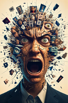 Man with his mouth wide open, surrounded by numerous small faces that appear to be exploding outward from his head.