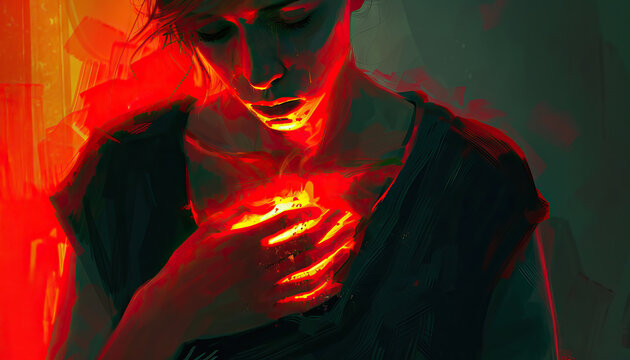 Heartbreak is the ache that lingers in the soul: Illustrate a person holding their chest, symbolizing the lingering pain of heartbreak deep within the soul