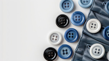 assorted black and white sewing buttons on blue fabric textile design background