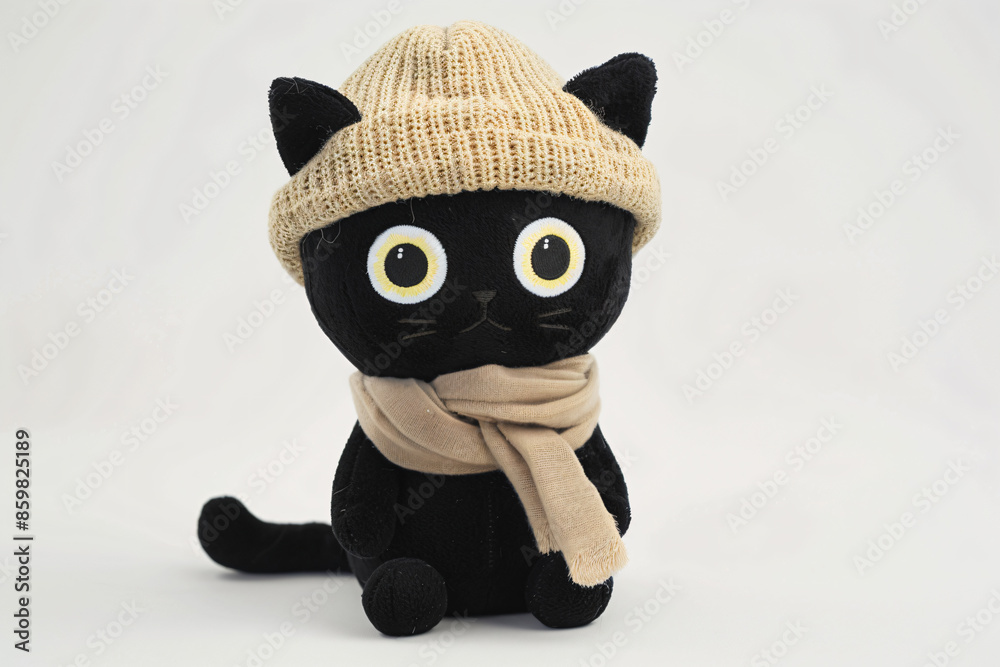 Wall mural a black cat wearing a knitted hat and scarf - Wall murals