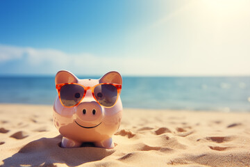 Obraz premium Piggy Bank on the beach with sunglasses symbolizing retirement