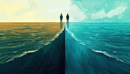 Naklejka premium Distance is the vast ocean that separates souls: Picture two souls on opposite shores of a vast ocean, symbolizing the vast distance that separates lovers