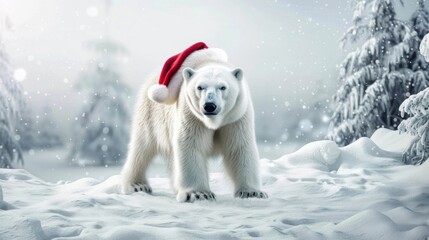 Christmas polar bear in the winter landscape. Polar bear santa. Magical christmas scenery