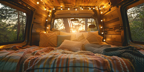 Fototapeta premium a bed with pillows and blankets in a van