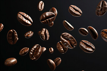 a bunch of coffee beans flying in the air