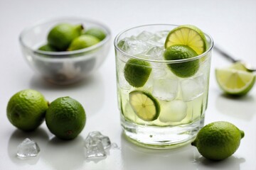 Cocktail: An overhead shot of a Caipirinha in a short, clear glass.