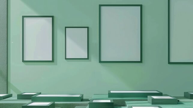 A minimalist art gallery scene with multiple blank mockup posters in forest green frames, set against a calming seafoam green wall without any human presence