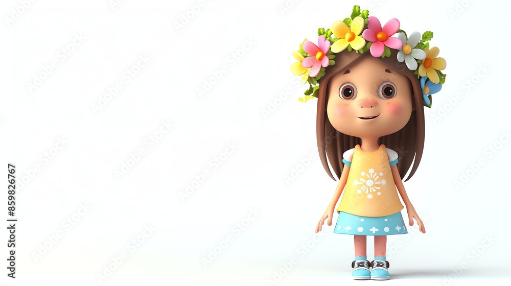 Canvas Prints A 3D cartoon of a girl with brown hair, wearing a yellow shirt, blue skirt, and a flower crown.