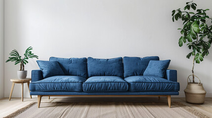 Modern living room interior design with blue sofa and beige carpet