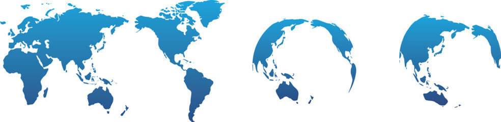 青いグラデーションのフラットと立体の世界地図セット（日本中心）