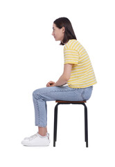 Woman with poor posture sitting on chair against white background