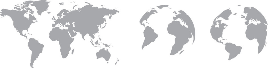 モノクロのフラットと立体の世界地図セット © syoko