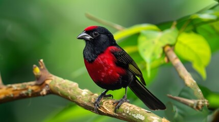 Crimson-backed Tanager perched on a tree branch on green background