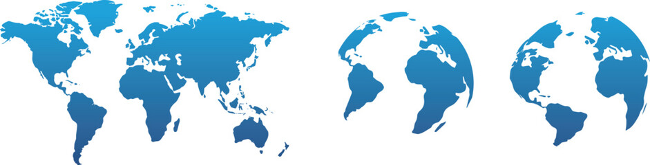 青いグラデーションのフラットと立体の世界地図セット