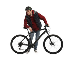 Fototapeta premium Smiling man in helmet with bicycle isolated on white