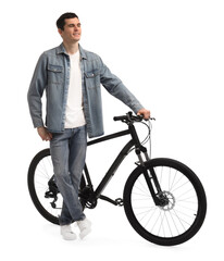 Smiling man with bicycle isolated on white