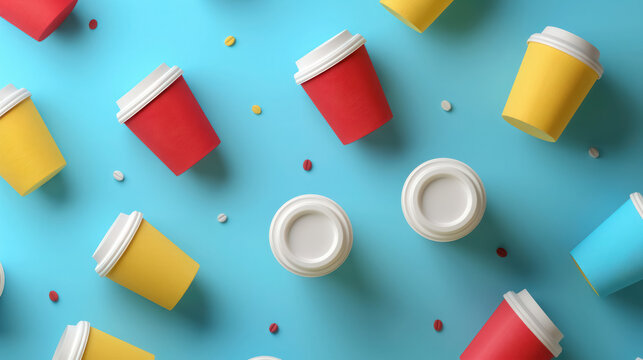 colorful disposable coffee cups pattern on blue background takeaway concept
