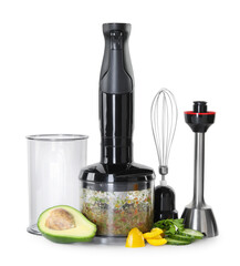 Hand blender kit and fresh products isolated on white