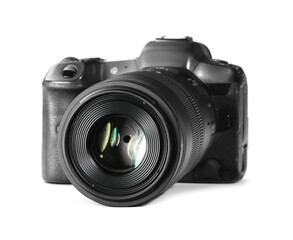 Fototapeta premium Modern camera isolated on white. Photographer's equipment