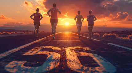 Group of people running on the road with 56 number against sunrise