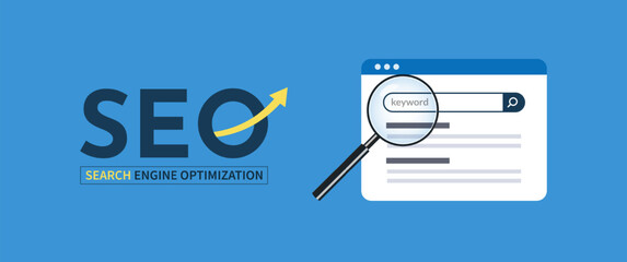 SEO Search engine optimization concept with magnifying glass and website page