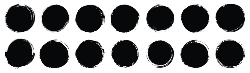  vector set of grunge circle brush vector illustrations. Black grunge round shapes. Brush strokes frame elements, and frames for design. Vector isolated on white background. 