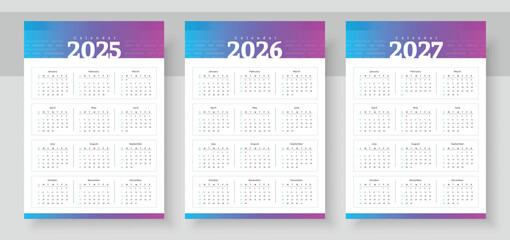 2025, 2026 and 2027 calendar set. The week starts on Sunday. Simple calender layout. Yearly diary. Stationery template with 12 months, Organizer in English. Pocket or wall formats.