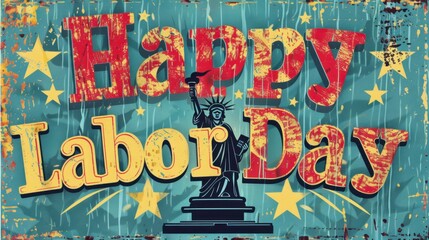 Happy Labor Day text with liberty statue poster.
