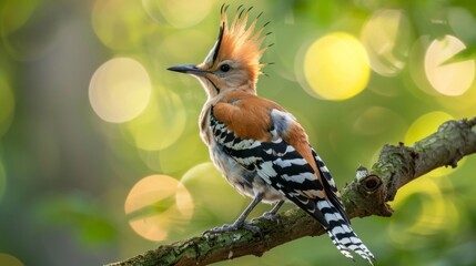 Eurasian or common hoopoe (Upupa epops) fascinated brown crested bird with white and black wings closely perching on thin branch