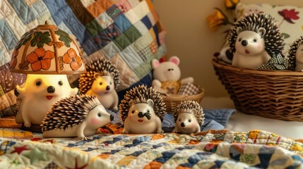 Fototapeta premium An arrangement of charming hedgehog figurines displayed near a warm, glowing Tiffany-style lamp amidst colorful quilted fabric for a cozy, rustic scene.