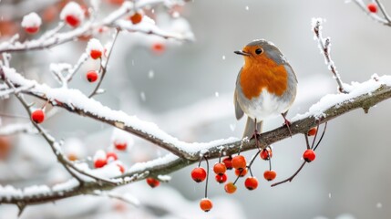Facing right on a snow covered tree branch with red berries. Scientific name Erithacus rubecula. Space for copy