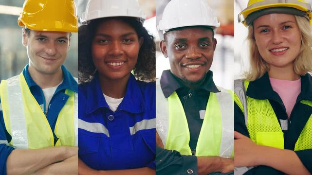 Multiethnic professional working men and women wearing safety vests and hard hats smile at the camera. Industrial warehouse worker, multiple screens, Vertical split screen
