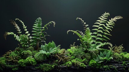 A composition of ferns and dark moss on a black backdrop, creating an image that feels both ancient and alive, perfect for conveying a sense of deep forest mystery.