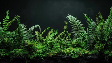 A composition of ferns and dark moss on a black backdrop, creating an image that feels both ancient and alive, perfect for conveying a sense of deep forest mystery.