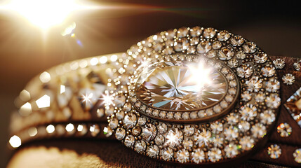 Country western is the sparkle of a rhinestone-studded belt buckle: Illustrate a close-up of a rhinestone-studded belt buckle catching the light, symbolizing the flashy style of country western fashio