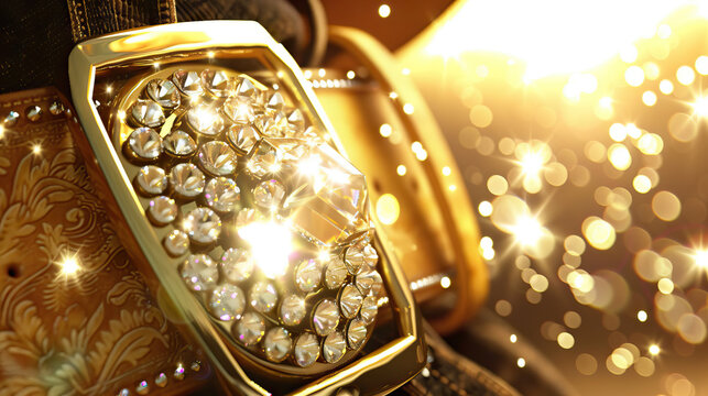 Country western is the sparkle of a rhinestone-studded belt buckle: Illustrate a close-up of a rhinestone-studded belt buckle catching the light, symbolizing the flashy style of country western fashio - Powered by Adobe