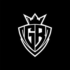 GR Letter logo with sharp triangle shield shape with crown inside white outline on black background template design