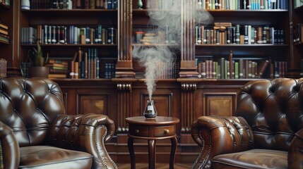 leather relaxing chair in front of window for businessmen  with book shelf on back 