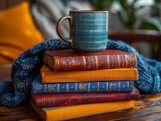 Naklejka premium Stack of Colorful Books with Coffee Mug 