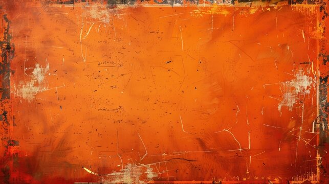 Abstract orange grunge background with worn central area for text or image with a scratched frame
