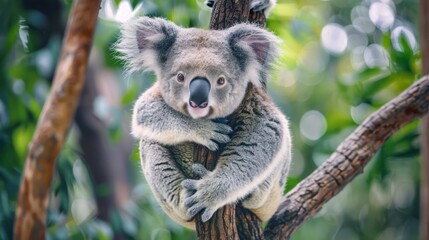 Obraz premium Cute Baby Koala Clinging to a Tree with blurred forest background.