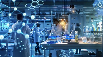 Scientific Research in Modern Laboratory Setting with Scientists in White Coats Conducting Experiments Surrounded by Chemical Formulas and Molecular Models