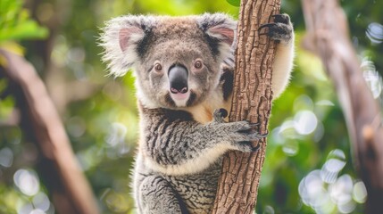 Fototapeta premium Cute Baby Koala Clinging to a Tree with blurred forest background.
